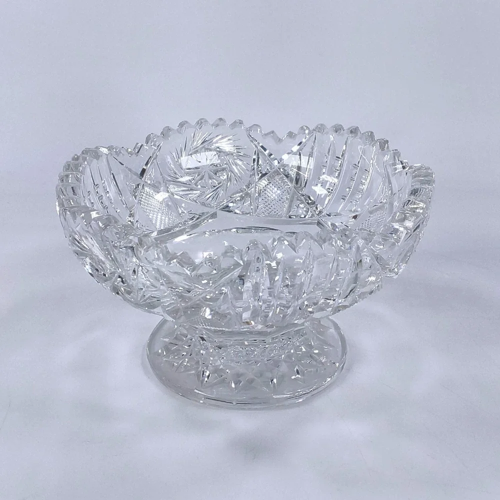 Vtg American Cut Glass Pedestal Bowl Pinwheel Starburst Sawtooth Footed Crystal